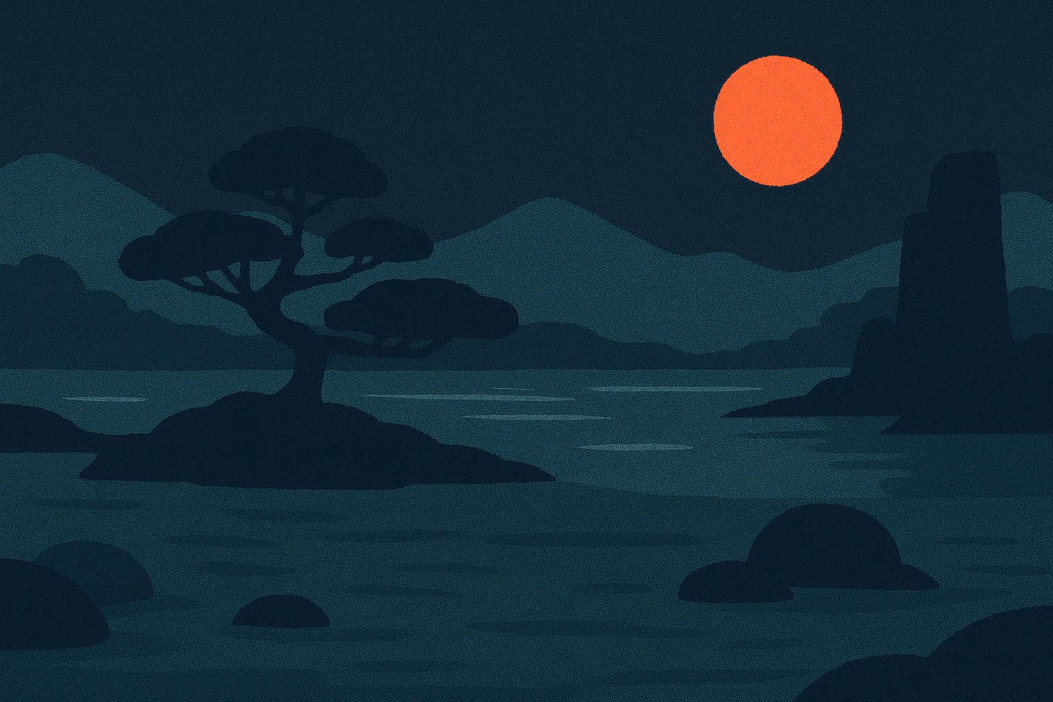 A zen pixelated night image with a tree in the foreground, mountains in the background.